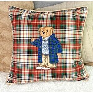 Ralph Lauren Polo Bear Tartan Plaid Throw Pillow Cover 18” Iconic Bear Vintage